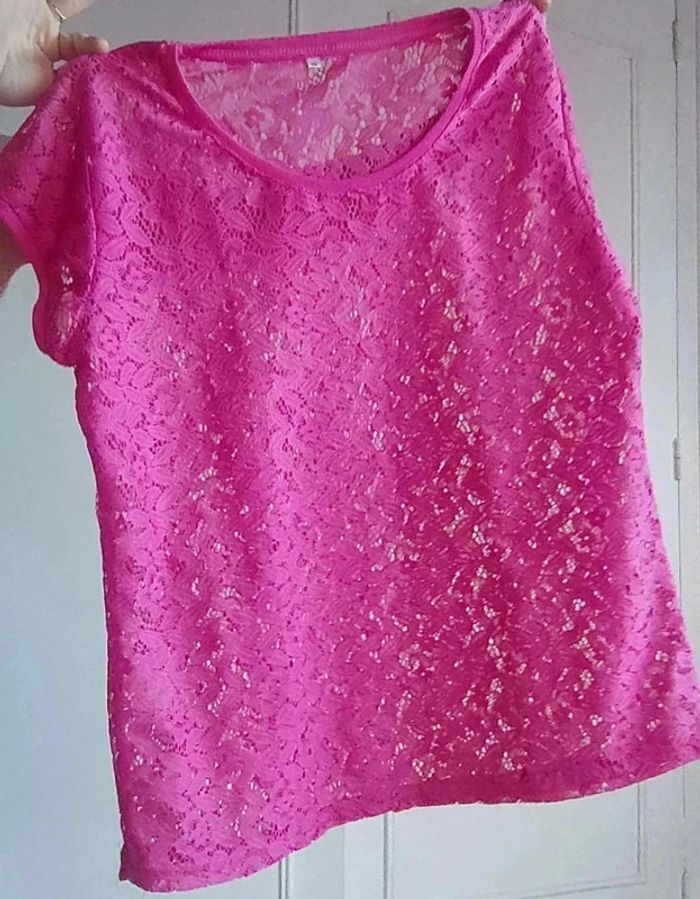 💓Tee shirt dentelle sexy femme rose ajourée fleurie neuf t l 40 - photo numéro 4