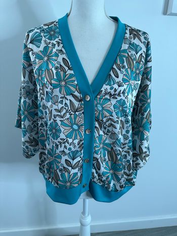 Blouse cardigan oversize seventies à fleurs bleue turquoise T40 L