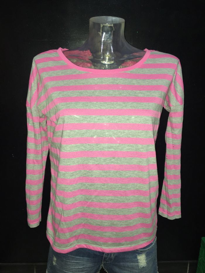 T-shirt manches longues femme rayé gris rose 34/36 la redoute