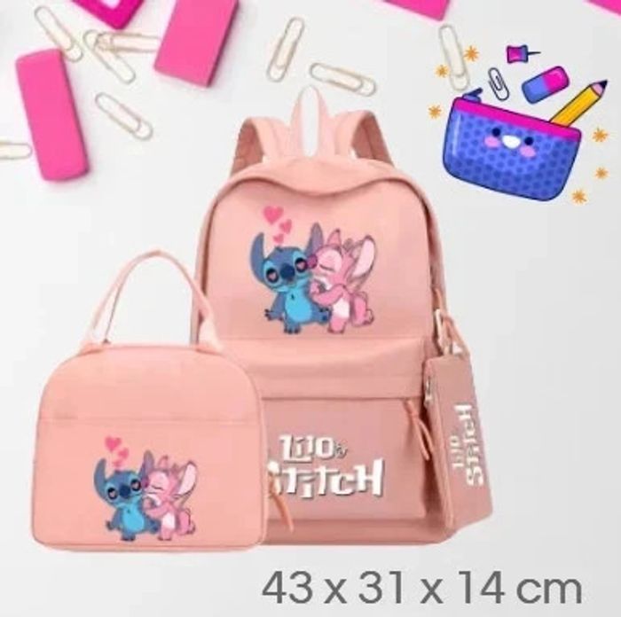 🌸 Ensemble scolaire Sac à Dos, Lunchbox et Trousse Stitch & Angel rose