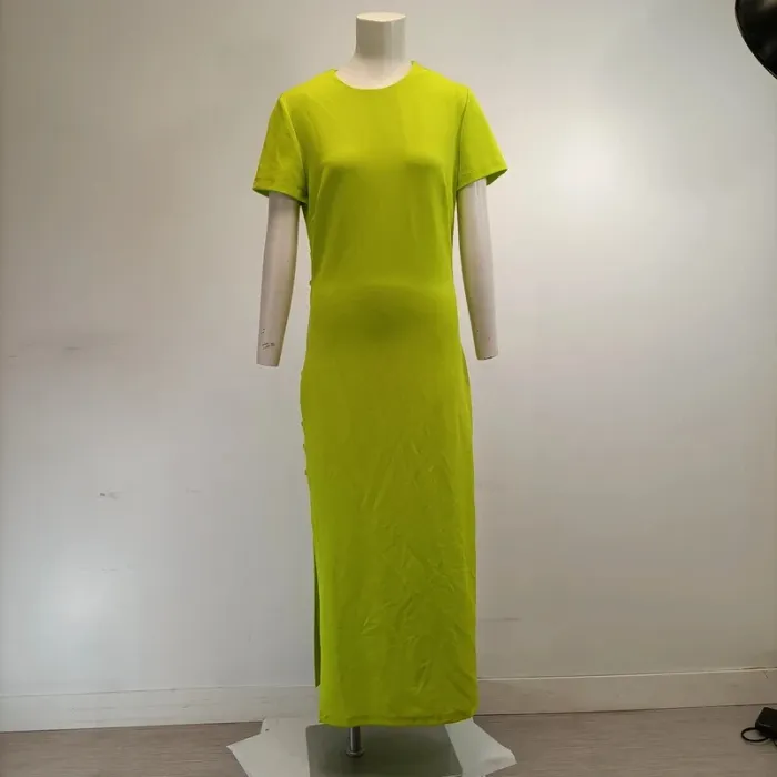 Robe longue moulante insipiration japonaise ouverte côtés - Zara - Vert anis - M - Soirée A275