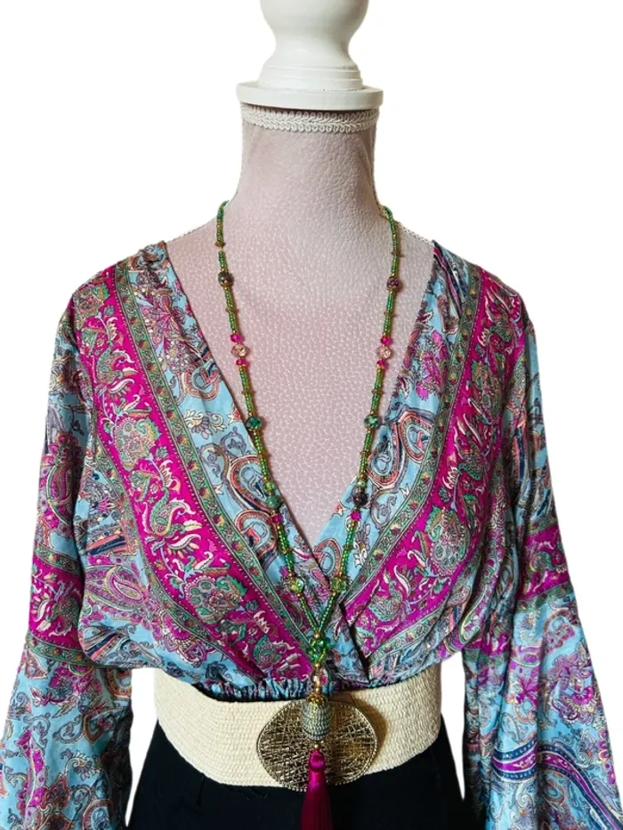 🩵🌸Blouse courte en soie bohème S/M Fairy hippie chic made in India paisley silk blouse🌸🩵 - photo numéro 8