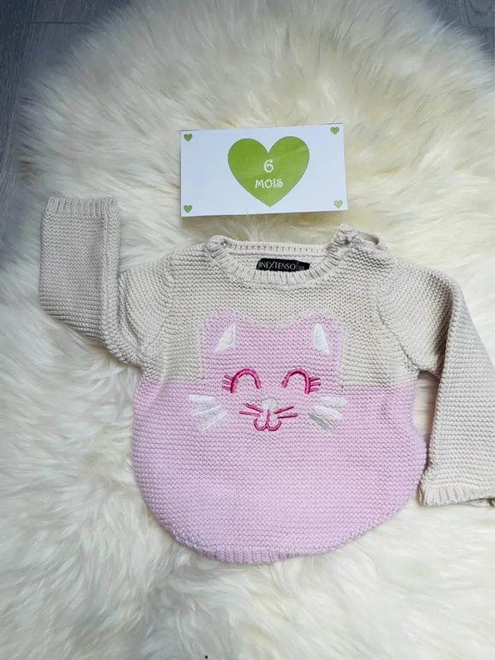6 mois - Pull chat beige et rose - photo numéro 2