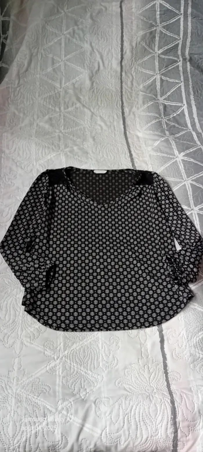 Blouse fluide col en V avec dentelle évasé imprimé géométrique et points noir femme 38 cache cache - photo numéro 14
