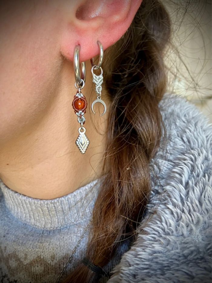Boucles d’oreilles petites créoles acier inoxydable et macramé pierre Agate - photo numéro 5