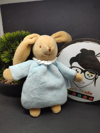 Doudou lapin Trousselier nid ange Bleu marron triangle colerette grelot hochet
