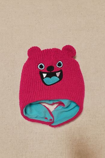 Bonnet chaud bébé fille rose fuchsia avec oreilles & visage rigolo - doublé polaire
