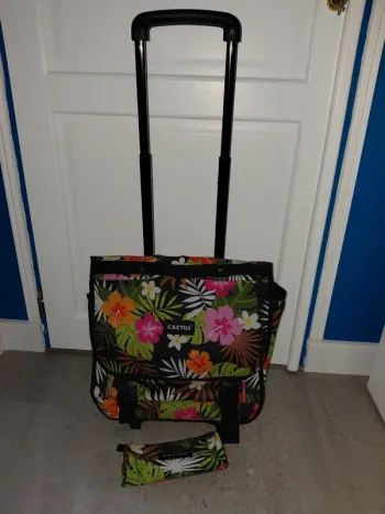 Cartable fleurs cactus à roulettes avec trousse