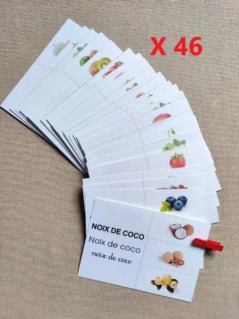 46 cartes à pince fruits avec différentes écritures Très bon état