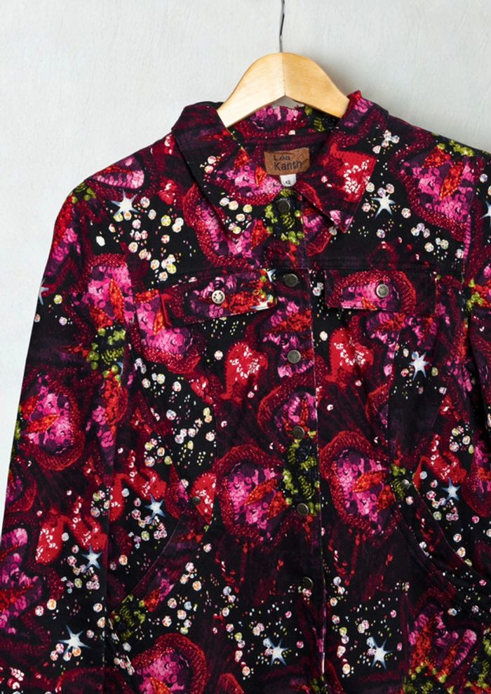 Veste en jean imprimé fleurs Vintage• Denim Jacket floral print Léa Kanth Taille 42 - photo numéro 2