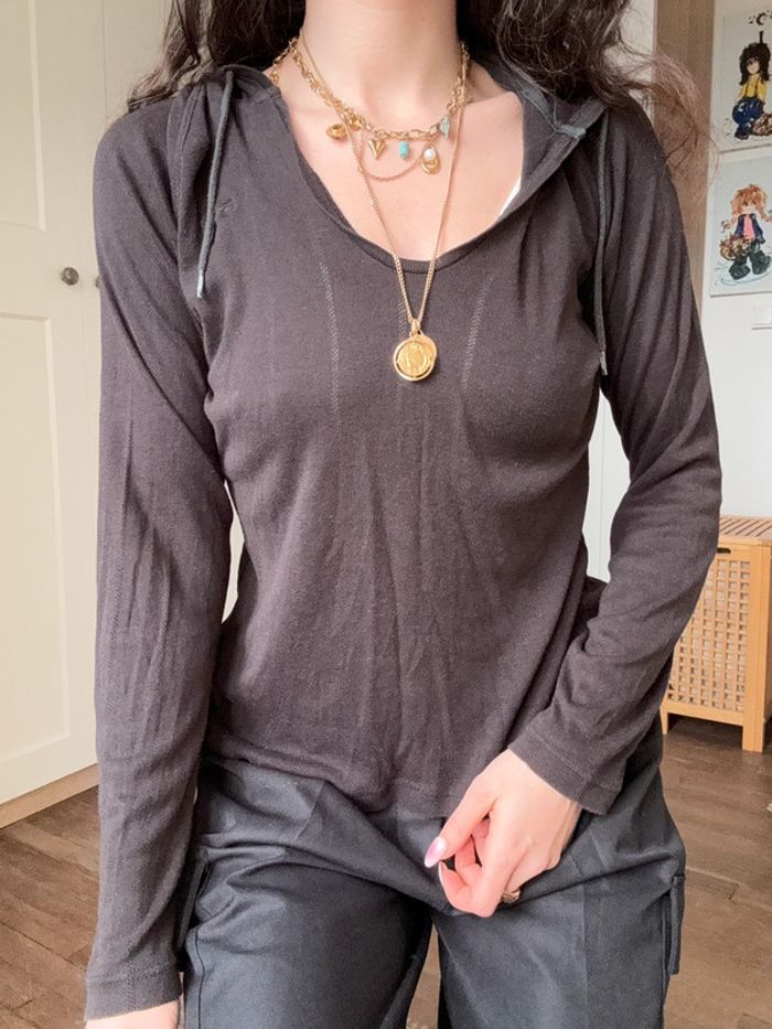 Petit top t shirt manches longues capuche puma marron très foncé vintage - photo numéro 2