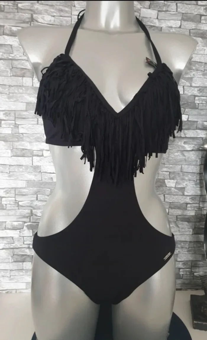 Maillot de bain noir sexy frange T36