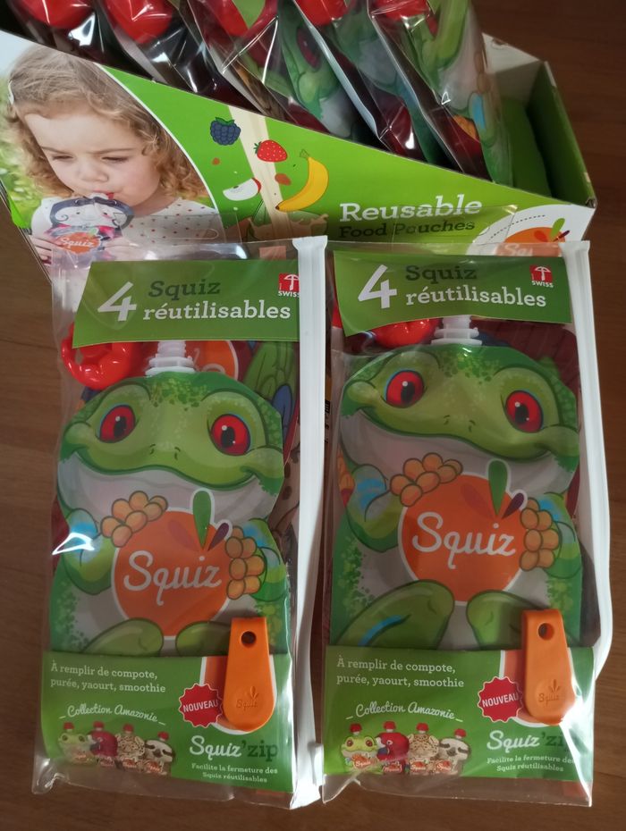 Neuf ! 2x Gourdes réutilisables Squiz 4x130ml avec squiz'zip Animaux Amazonie