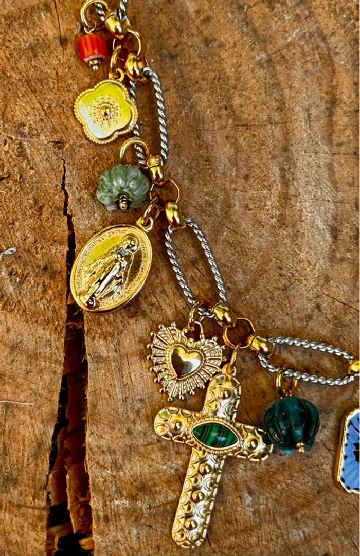 Collier acier inoxydable or et argent  croix vierge perle  pierre cœur ex-voto trèfle habaha Paris - photo numéro 6