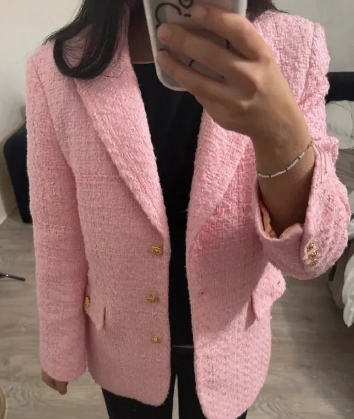 Veste blazer Zara texturé rose taille S - photo numéro 2