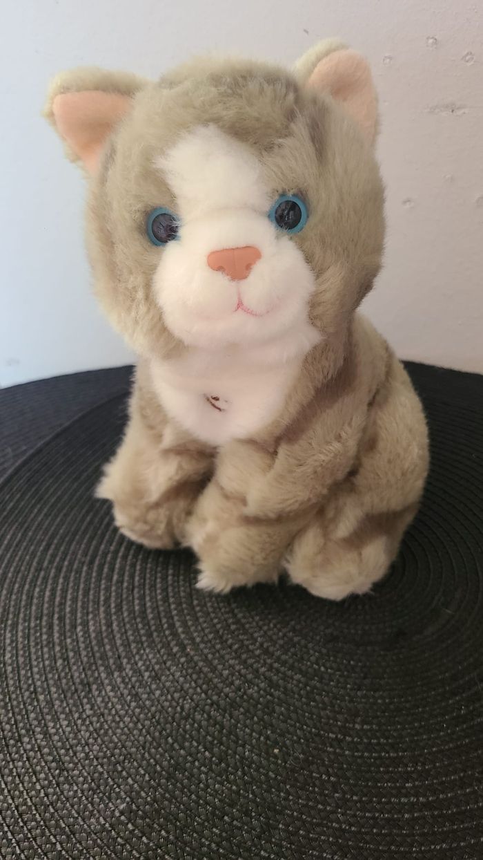 Gipsy Taille : environ 20 cm Chat assis tigré gris et poitrail blanc, yeux en plastique bleus, miaul - photo numéro 3