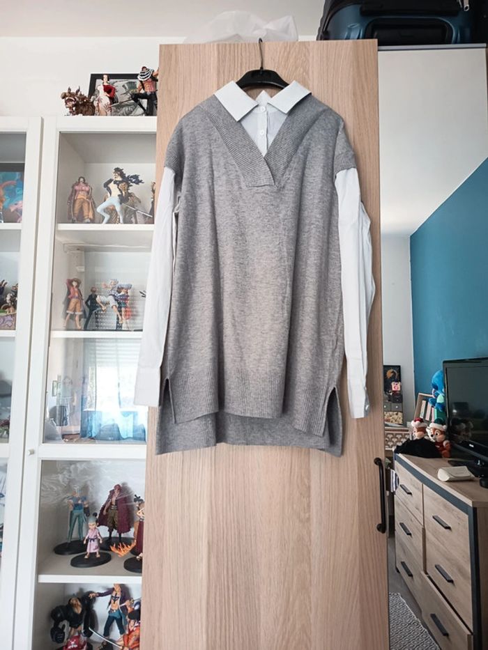 Chemise pull gris et blanc neuf TEX- Taille XL 42 - photo numéro 2