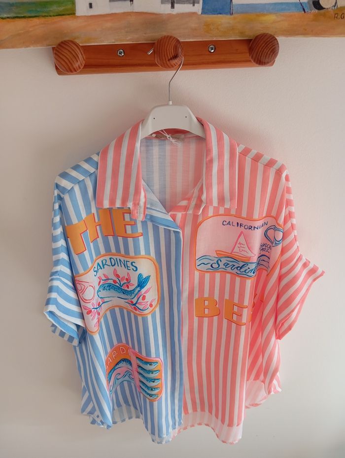 Chemise rose bleu rayé Californie lin taille L XL - photo numéro 3