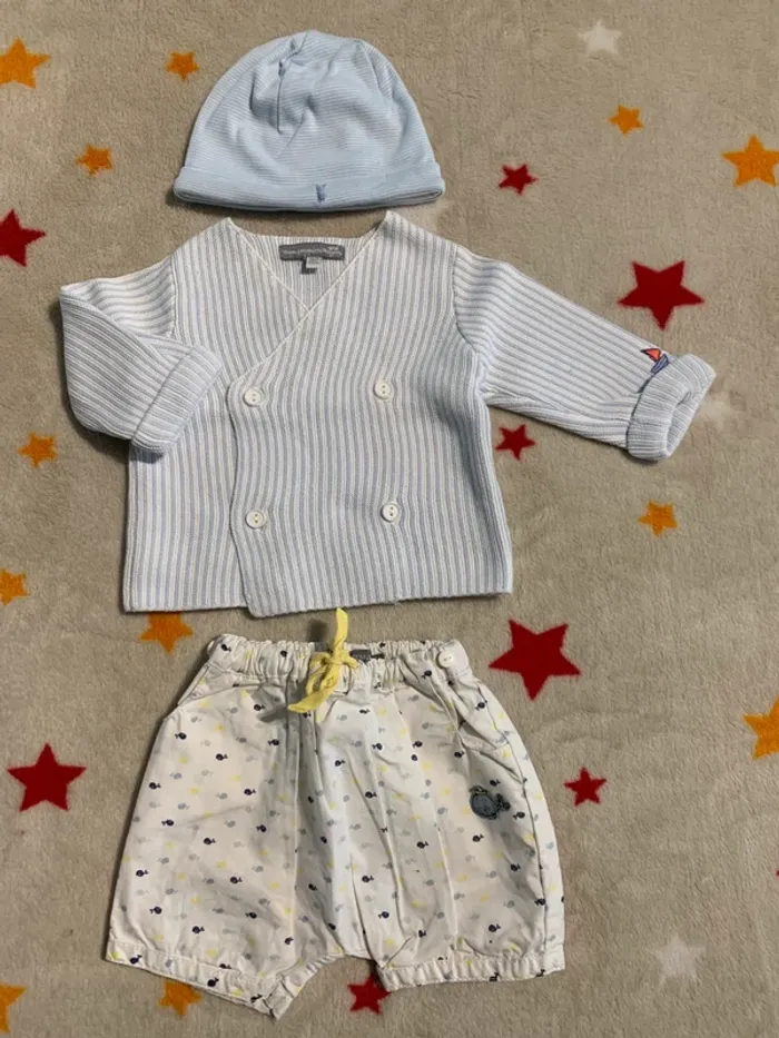 Lot Naissance Sergent Major 0-1M Mixte – Gilet, Short & Bonnets Marinière – Idéal Bord de Mer