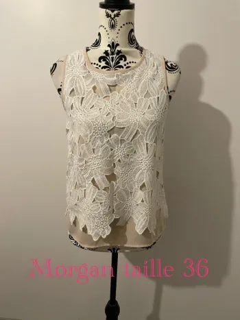 Débardeur blouse sans manche rose très clair dentelle crochet superposé blanc Morgan taille 36