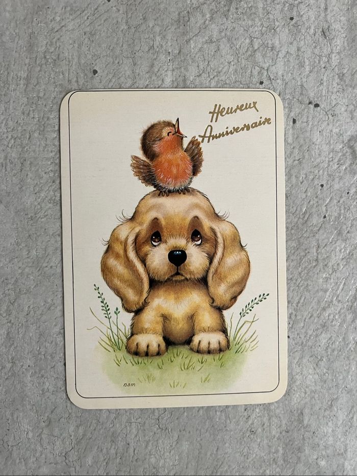 Lot 4 cartes heureux anniversaire chien avec oiseau