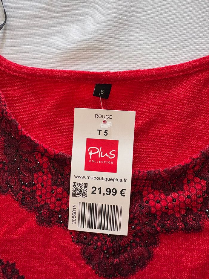 Pull rouge à manches 3-4 avec détail noir en dentelle - Plus Collection - 3XL/4XL-46/48 - photo numéro 3