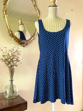 Robe Évasée avec Pois - Bleu Marine