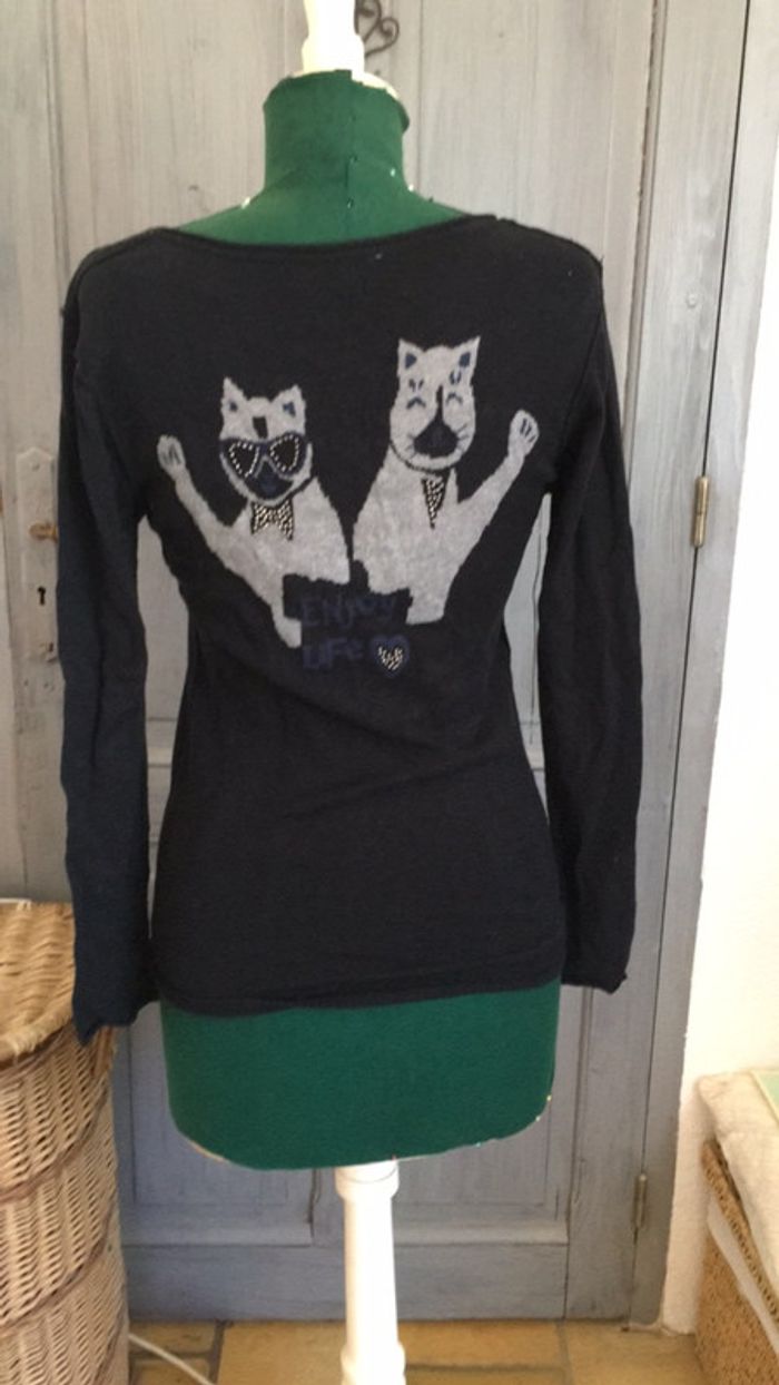 Pull tunisien col V it hippie noir chat - photo numéro 3