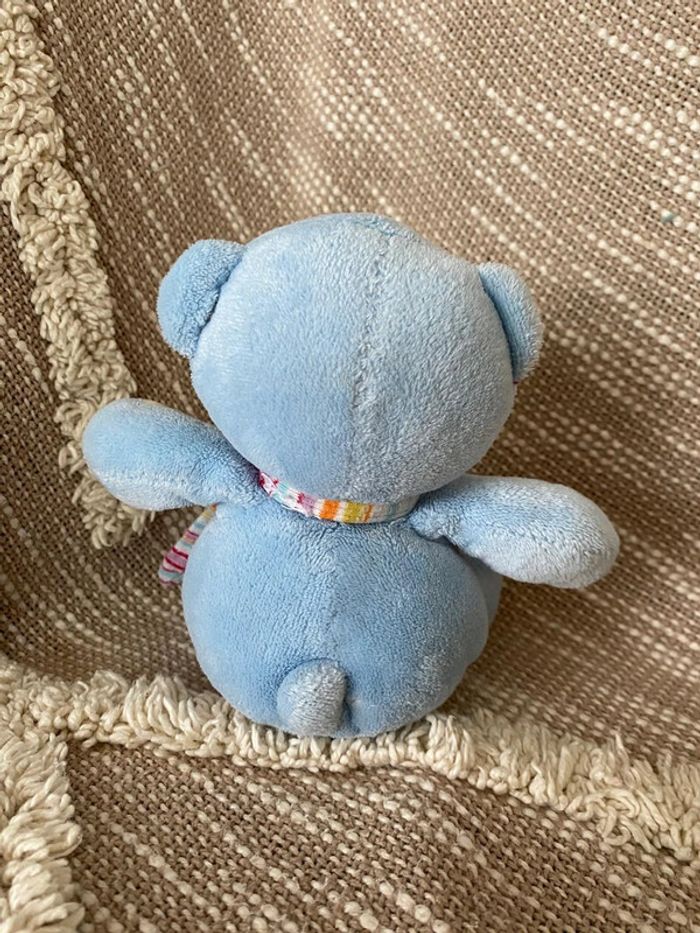 Peluche doudou 15cm babysun ours bleu blanc écharpe rayé rouge très bon état - photo numéro 3