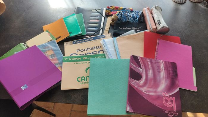 Lot fournitures scolaires
Classeurs, pochettes, canson, cahiers, trousses..