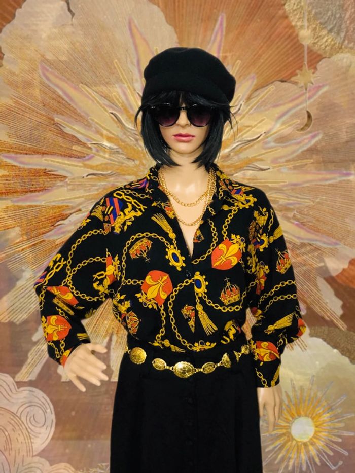 👑Chemise vintage baroque royal chaîne or Gold chain black long sleeve shirt👑 - photo numéro 2