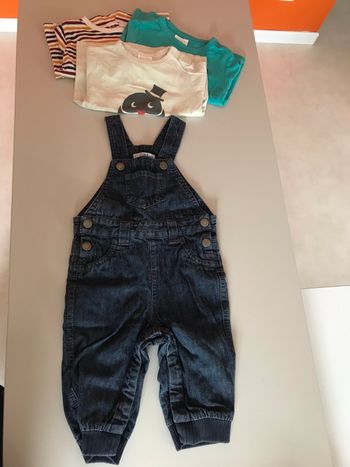 Salopette jean + 3 tee-shirts 9 mois