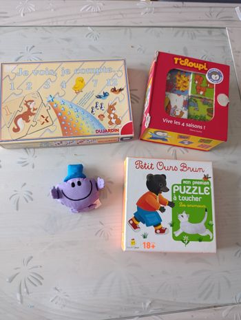 Lot de 3 jeux éducatifs pour petit Tchoupi petit ours brun et jeu Dujardin +1 figurine offerte