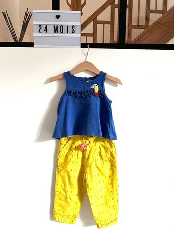 Ensemble 2 pièces, haut bleu oiseau et pantalon jaune - 24 Mois