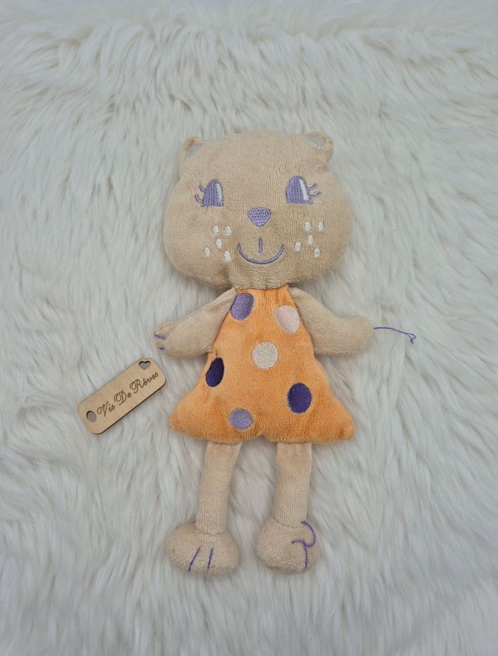 Doudou chat beige orange pois mauve violet Auchan