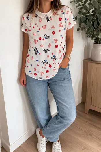Blouse blanche fleurie avec col – chic et facile à porter
