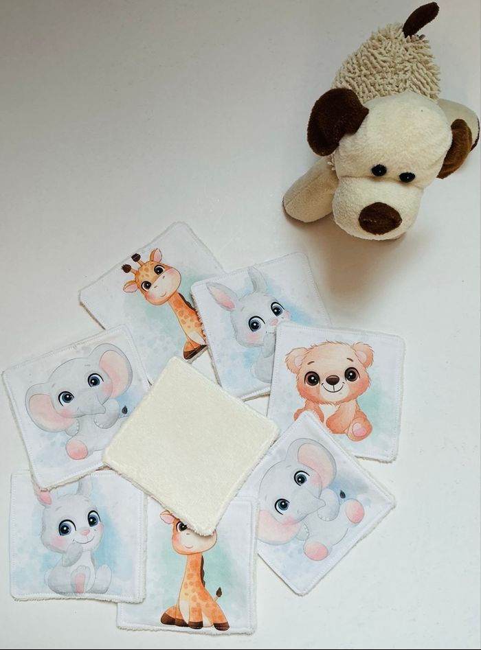 Lingettes lavables X8. Coton/éponge. Petits animaux