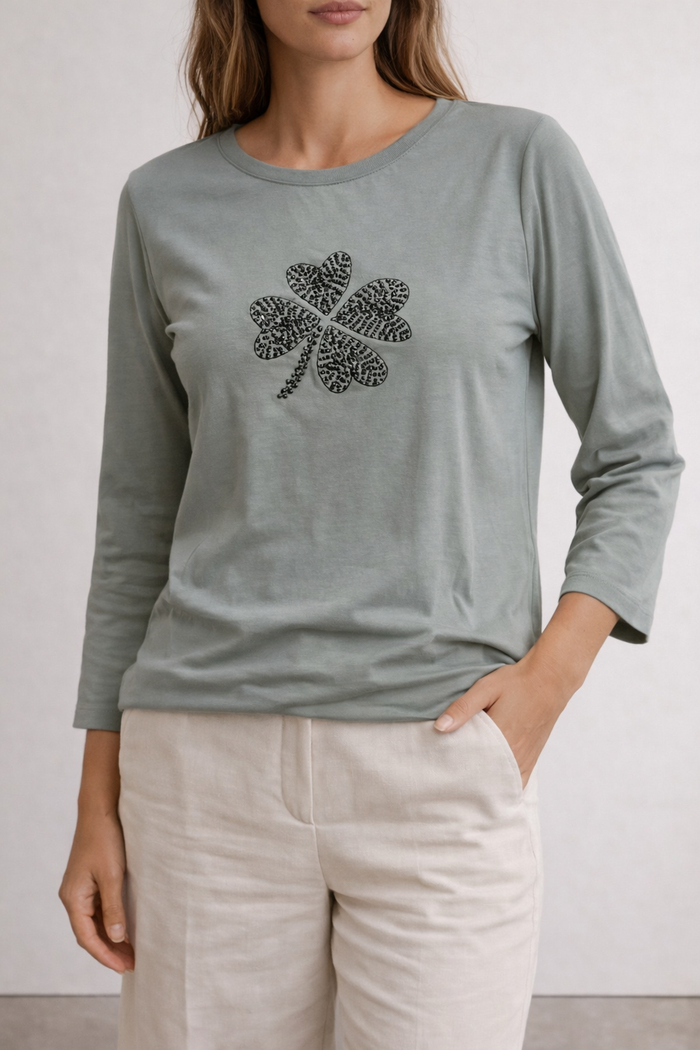 t shirt kaki clair avec trefle 4 feuilles en strass manches longues Taille 38 Caroll Neuf