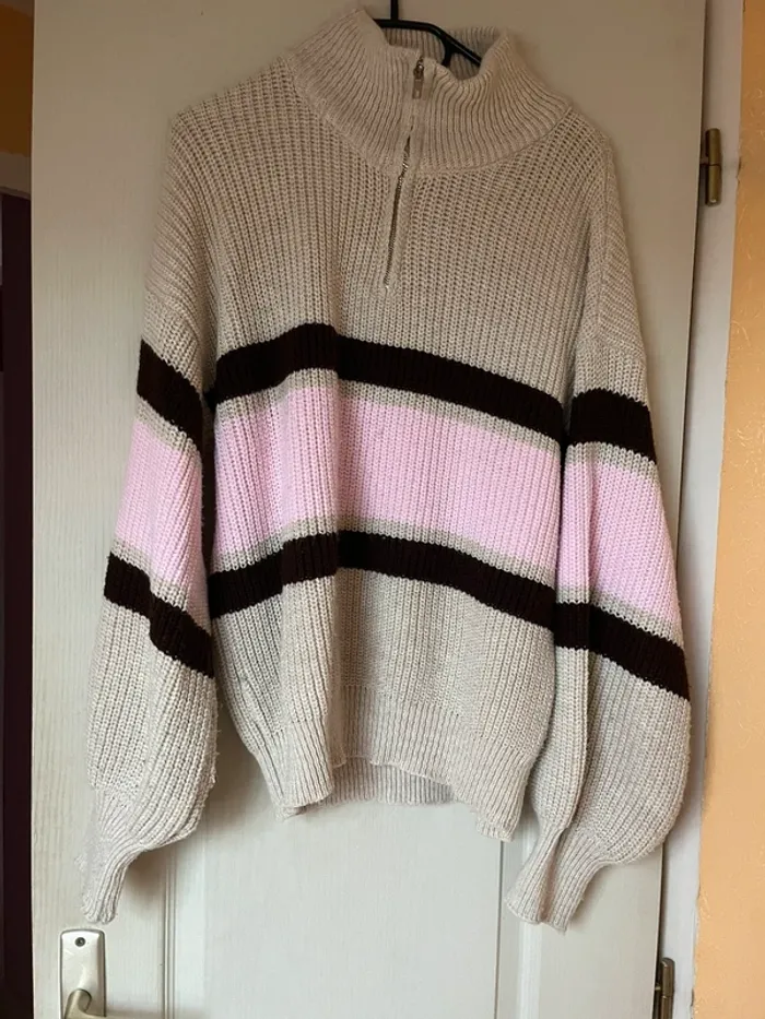 Pull col camionneur rayé tricolore beige - photo numéro 5