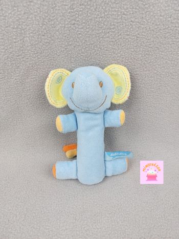 Peluche doudou éléphant bleu BEBEREVE CASINO vert orange Pouet Pouet 18 cm