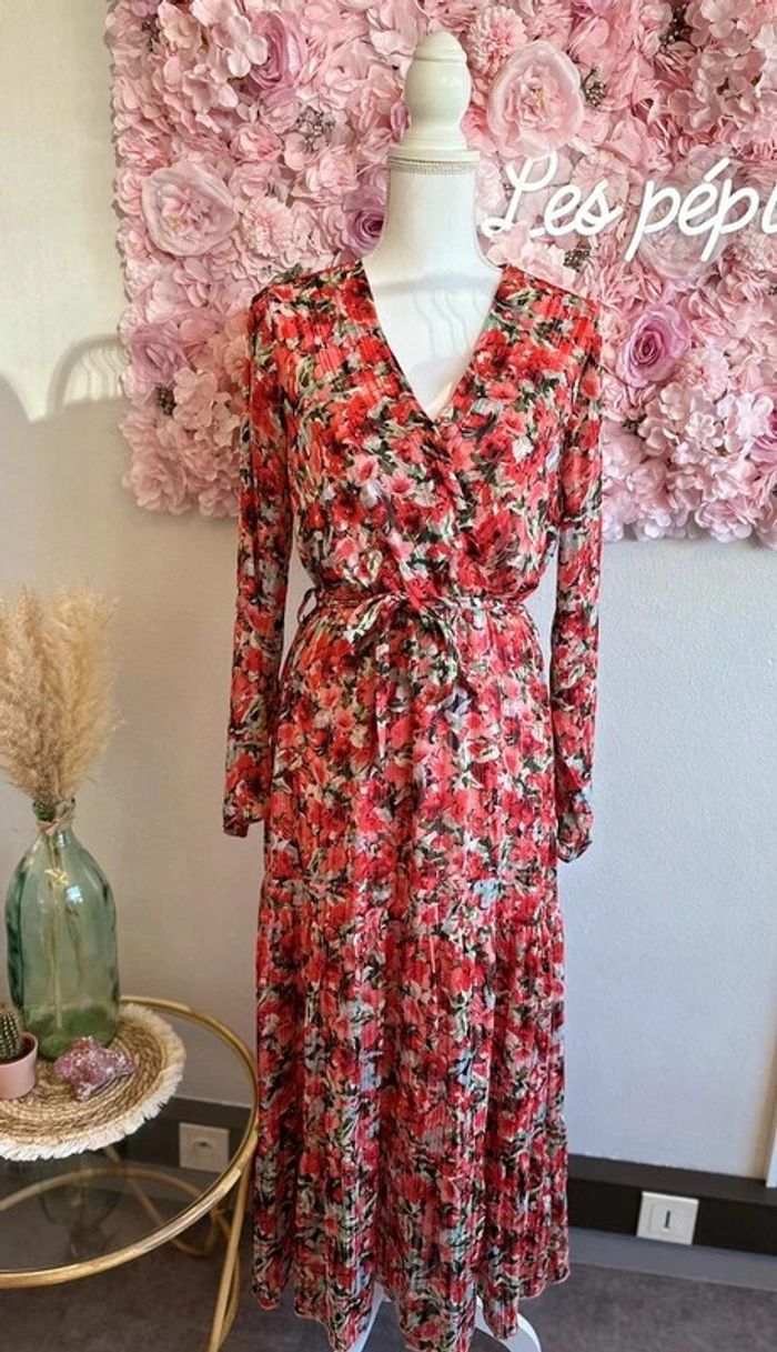Robe longue motifs fleuris rouge corail taille M - Millenium - photo numéro 2