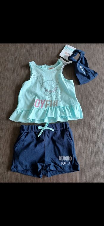 Ensemble tee shirt ,short et bandeau cheveux fille dumbo disney 6 mois