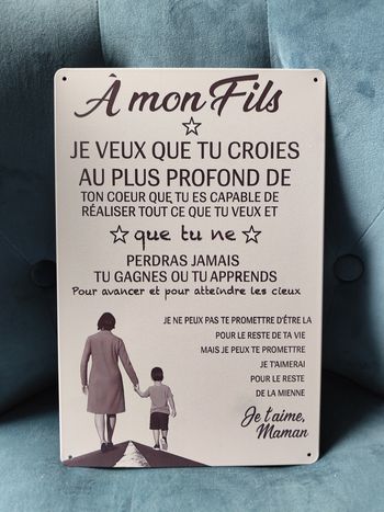 Plaque métal citation amour mère fils  neuve 20x30cm