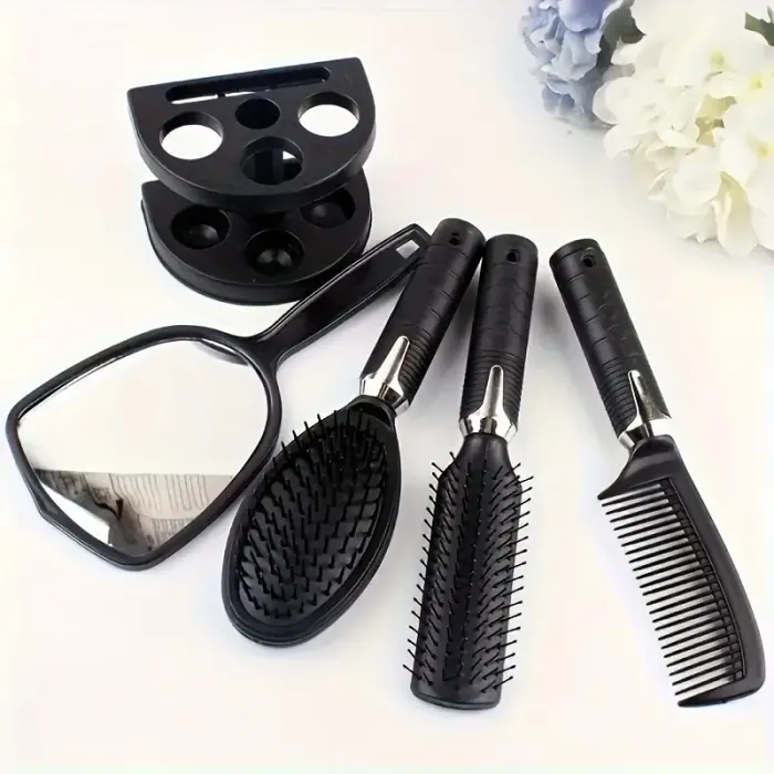 💇♂️ Set de Coiffure Professionnel – 4 Brosses + Miroir + Support – Noir | Tous Types de Cheveux - photo numéro 3