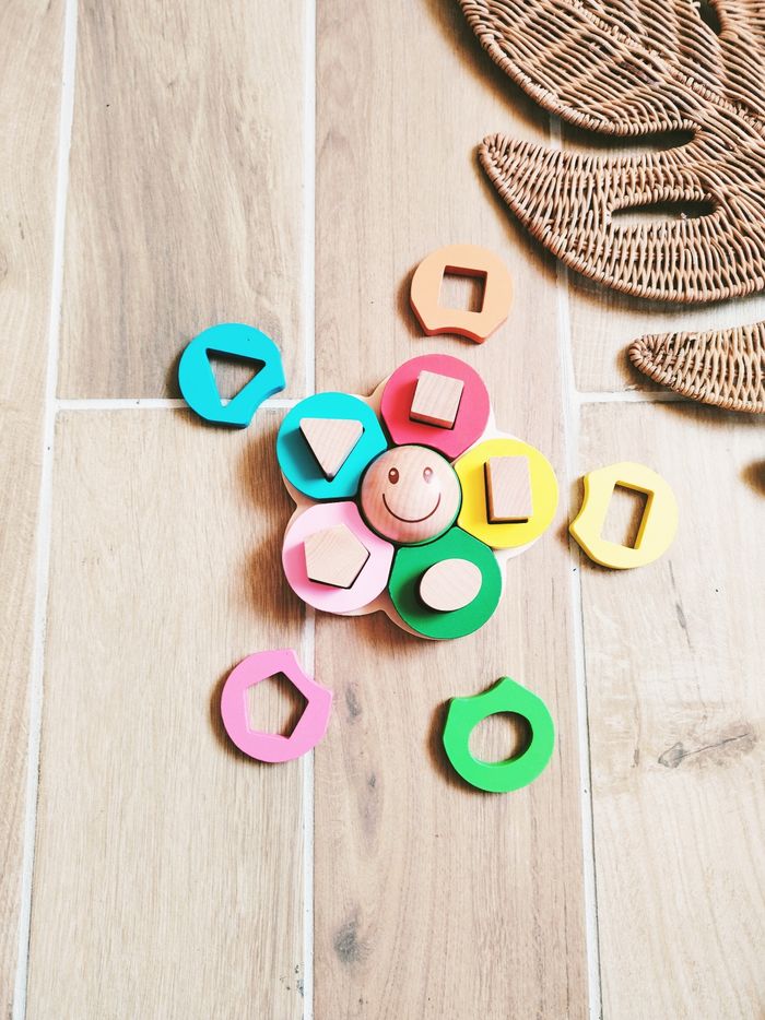 🌼 Fleurs multicolores en bois avec diverses formes géométriques à trier et empiler
