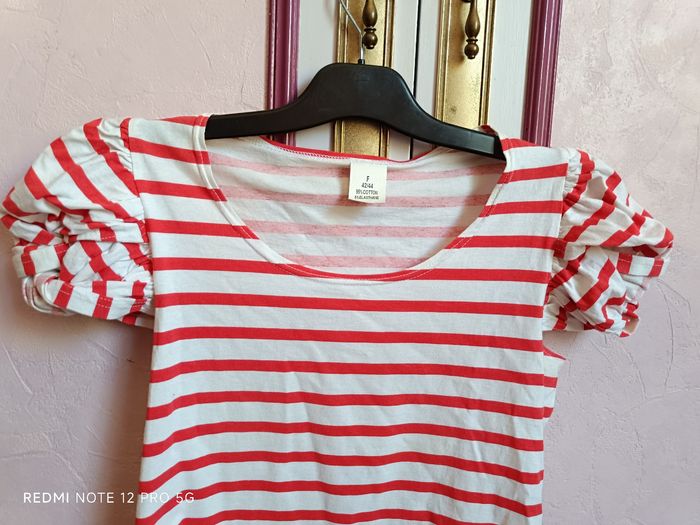 Tee-shirt rayé rouge- blanc T.42/44 - photo numéro 3