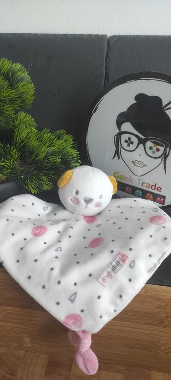 Doudou plat Ours blanc rose pois cœurs bisou doux Gémo orange cœur rond gris