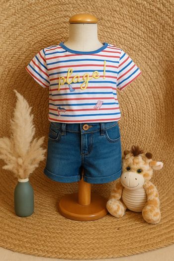 Jolie ensemble tee-shirt blanc à rayure sergent major et short en jean fille okaidi 6 ans