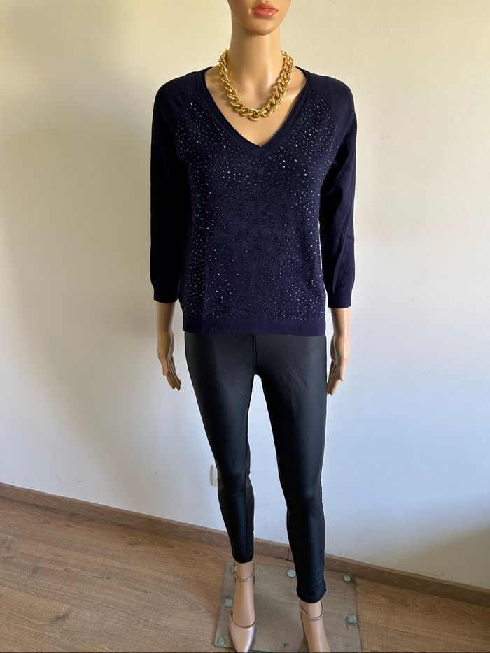 Pull bleu marine avec strass Morgan taille XS TBE - photo numéro 3