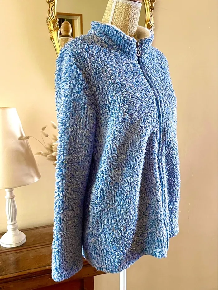 sublime veste teddy bouclette zippée bleu col montant poches cosy confort doux neuf taille M - photo numéro 11